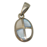 Sterling Silver Blue & White Shell Oval Charm Pendant Vintage c1970