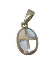 Sterling Silver Blue & White Shell Oval Charm Pendant Vintage c1970