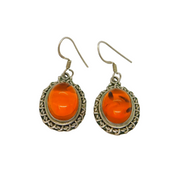 Pair of Sterling Silver Natural Baltic Amber Oval Drop Earrings Vintage c1970