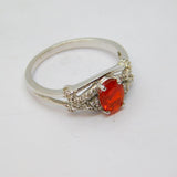 Sterling Silver Oval Fire Opal & Diamond Dress Ring Vintage c1970 Size O