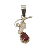 Sterling Silver Leaf Design Garnet Peardrop Pendant Vintage c1970