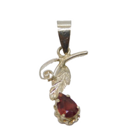 Sterling Silver Leaf Design Garnet Peardrop Pendant Vintage c1970