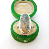 .835 Grade Silver Cabochon Cut Moss Agate Set Signet Ring Vintage c1970