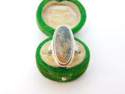 .835 Grade Silver Cabochon Cut Moss Agate Set Signet Ring Vintage c1970