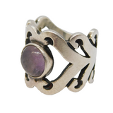 Mexican Sterling Silver Cabochon Amethyst Abstract Dress Ring Vintage 1970