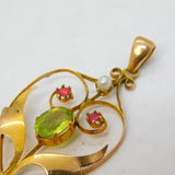 Edwardian 9ct Gold, Peridot, Ruby & Seed Pearl Lavalier Drop Pendant Antique