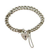 Sterling Silver Chunky Graduating Curb Chain Heart Lock Bracelet Vintage c1970