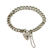 Sterling Silver Chunky Graduating Curb Chain Heart Lock Bracelet Vintage c1970