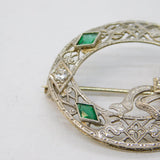 Art Deco 14ct White Gold, Emerald & Diamond Floral Dress Brooch Antique c1930s