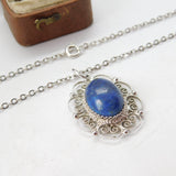 Sterling Silver Floral Drop Pendant with Cabochon Lapis Stone Vintage c1990