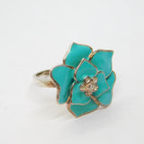 Sterling Silver Turquoise Enamel & CZ Flower Cocktail Ring Vintage c2000 Size P