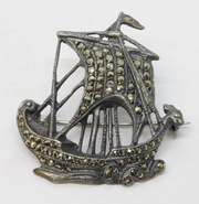 Sterling Silver Marcasite Set Viking Ship Brooch Antique c1930 Art Deco