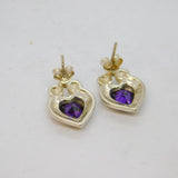Pair of Sterling Silver Purple Crystal Heart Shape Stud Earrings Vintage c1990