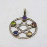 Sterling Silver Multi-Gem Set Pentagram Star Drop Pendant Vintage