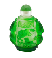 Mid-20th Century Chinese Green Glass Snuff Bottle Horse & Animal Scenes