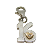 Sterling Silver & Gold Diamond Set 16th Birthday Charm Pendant Modern c2000s