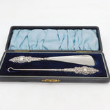 Victorian Boxed Sterling Silver Handled Shoe Horn Button Hook Set Antique