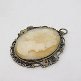 Sterling Silver Filigree Form Shell Cameo Drop Pendant Antique c1940 Deco