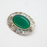Sterling Silver Green Hardstone Oval Patterned Edge Brooch Pin Vintage c1990