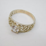 Sterling Silver Filigree Pattern CZ Solitaire Band Ring Vintage c1970 Size P 1/2