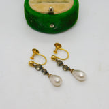 9ct Yellow Gold, Paste & Simulated Pearl Screw-Back Drop Earrings Antique c1920
