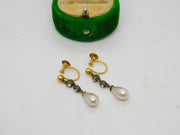 9ct Yellow Gold, Paste & Simulated Pearl Screw-Back Drop Earrings Antique c1920