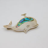 'Alpaca Mexico' Silver Tone Abalone Shell Whale Fish Brooch Pin Vintage c1990