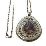 19th Century Ottoman Sterling Silver Banded Agate Medallion Necklace Antique