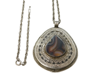 19th Century Ottoman Sterling Silver Banded Agate Medallion Necklace Antique