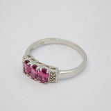 Sterling Silver 3 Pink Topaz & Diamond Deco Style Ring Vintage c1970 Size M 1/2