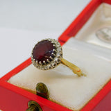 Boxed 18ct Yellow Gold, Garnet & Diamond Floral Engagement Ring Antique