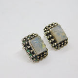 Pair of Sterling Silver Carved Clover On Moonstone Stud Earrings Vintage c1970