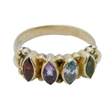 Sterling Silver Garnet, Amethyst, Topaz & Peridot Ring Vintage c1970 Size O 1/2