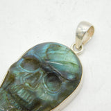 Large Sterling Silver Mounted Carved Labradorite Skull Pendant Vintage c1980s