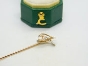 18ct Two-Tone Gold Diamond Set Wishbone Lucky Stick Pin Vintage c1970