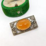 Sterling Silver Cabochon Cut Carnelian Agate Floral Brooch Vintage c1970