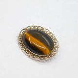 Sterling Silver Oval Tiger's Eye Patterned Edge Brooch Pin Vintage c1970