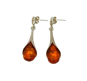 Pair of Sterling Silver Baltic Amber Lily Form Stud Drop Earrings Vintage c1970