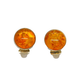 Pair of Sterling Silver Round Baltic Amber Clip-On Earrings Vintage c1970