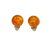 Pair of Sterling Silver Round Baltic Amber Clip-On Earrings Vintage c1970