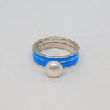 Sterling Silver Blue Enamel & Pearl Stacking Rings Vintage c2000 Size Q 1/2