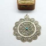 Sterling Silver Large Filigree and Turquoise Shield Charm Pendant Vintage c1970