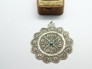 Sterling Silver Large Filigree and Turquoise Shield Charm Pendant Vintage c1970