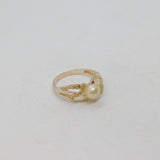 Sterling Silver Pearl & Spinel Leaf Pattern Band Ring Modern c1990 Size N