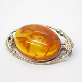 Art Nouveau Style Sterling Silver & Baltic Amber Set Floral Brooch Vintage