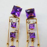 Pair of 18ct Yellow Gold, Amethyst & Diamond Geometric Drop Earrings Vintage