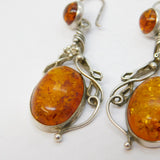 Pair of Large Sterling Silver Baltic Amber Set Hook Earrings Vintage c1970