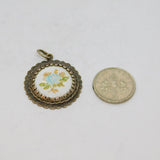 Sterling Silver Painted Porcelain Round Charm Or Pendant Vintage c1970s