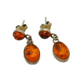 Pair of Sterling Silver Baltic Amber Oval & Round Stud Earrings Vintage c1970