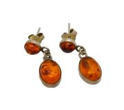 Pair of Sterling Silver Baltic Amber Oval & Round Stud Earrings Vintage c1970